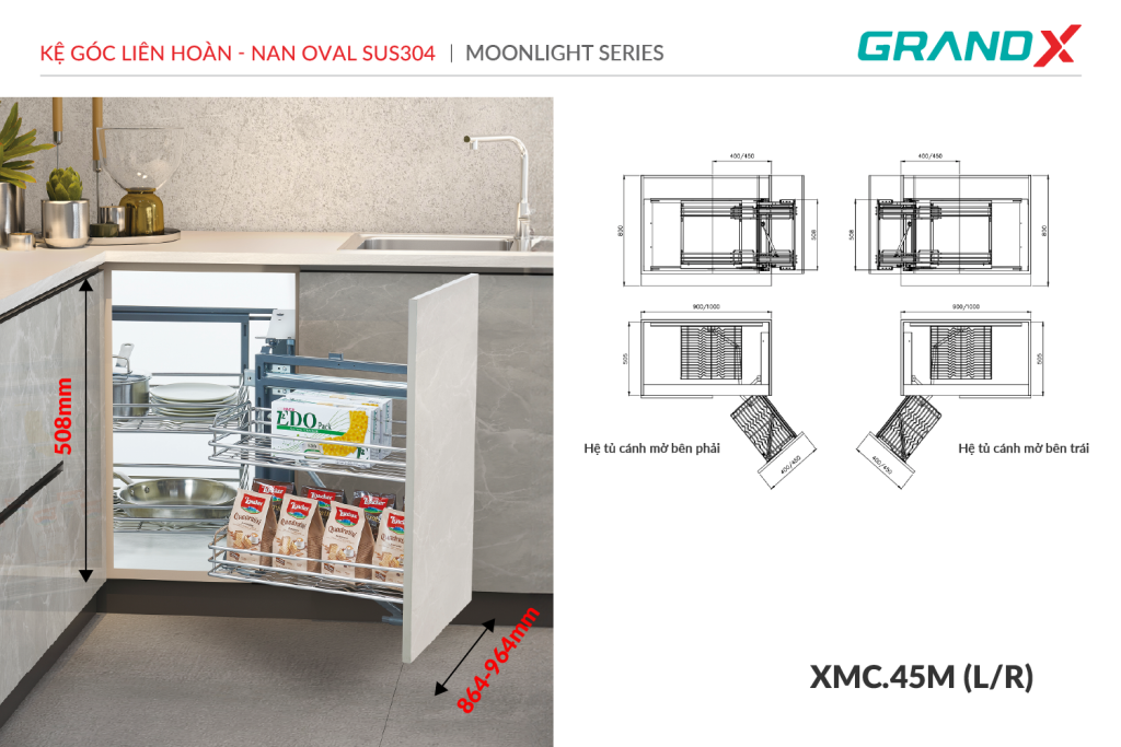 Kệ góc liên hoàn – nan oval SUS304 XMC.45M(L/R) GrandX - ảnh 2