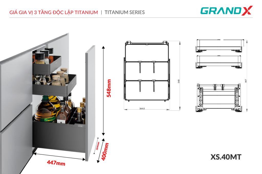 Giá gia vị 3 tầng độc lập titanium XS.40MT GrandX - ảnh 3