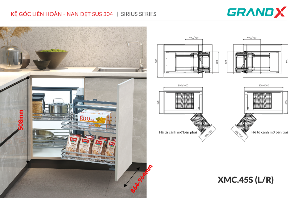 Kệ góc liên hoàn – nan dẹt SUS304 XMC.45S1 (l/r) GrandX - ảnh 2