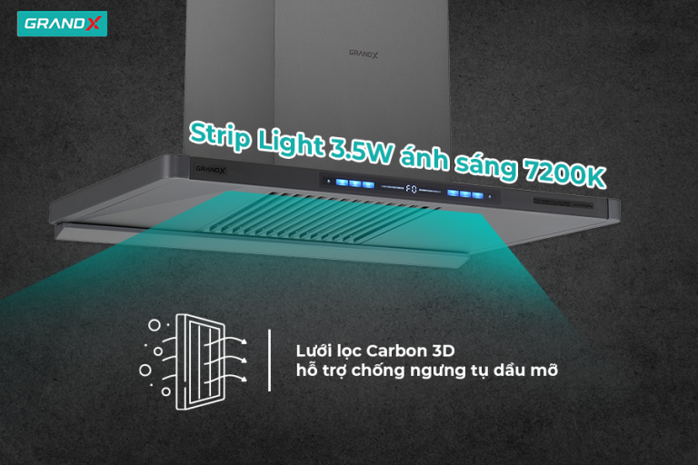Lọc Carbon 3D, đèn 7200K: sạch dầu mỡ, sáng rõ vùng nấu - Hút mùi GX H70T82Pro