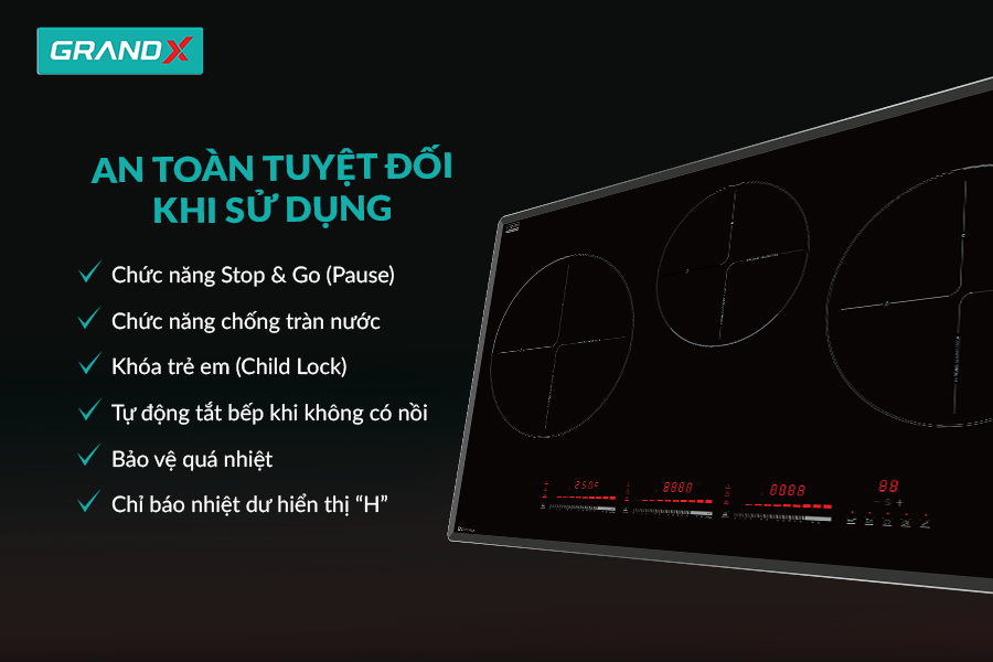 An toàn tuyệt đối khi sử dụng - Bếp từ 3 vùng nấu GX IH736LUX