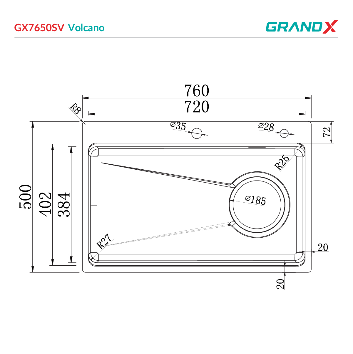 Chậu rửa bát GX7650SV Volcano GrandX - ảnh 2